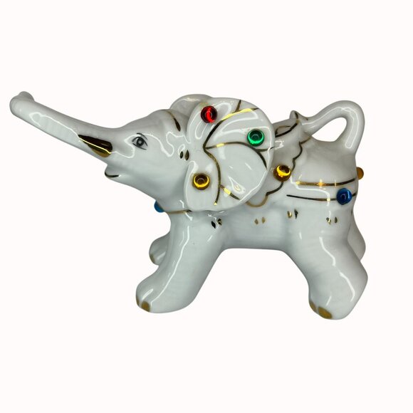 Unbranded Other - Vintage Ceramic Elephant Figurine White With Multicolor Accents & Gold Trim